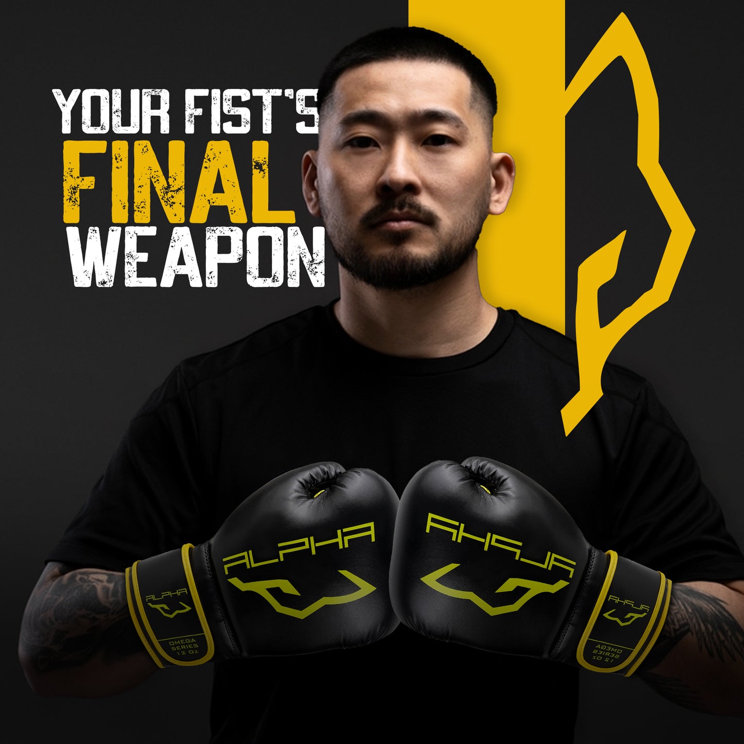 Athlete wearing Alpha Omega Series boxing gloves in black and neon yellow, designed for boxing training, sparring, fitness workouts, and heavy bag sessions.