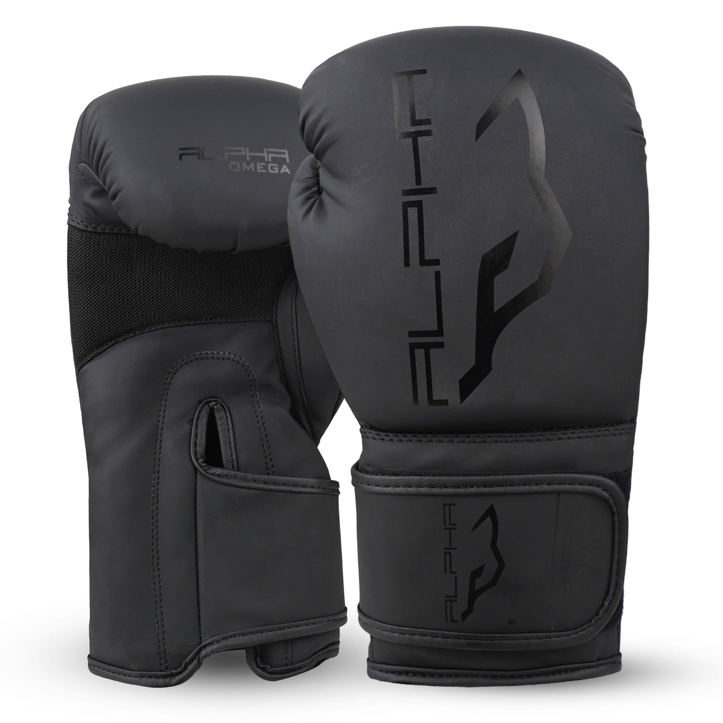 Alpha Omega boxing gloves in black designed for training, heavy bag work, sparring, kickboxing, and combat sports with padded wrist support.
