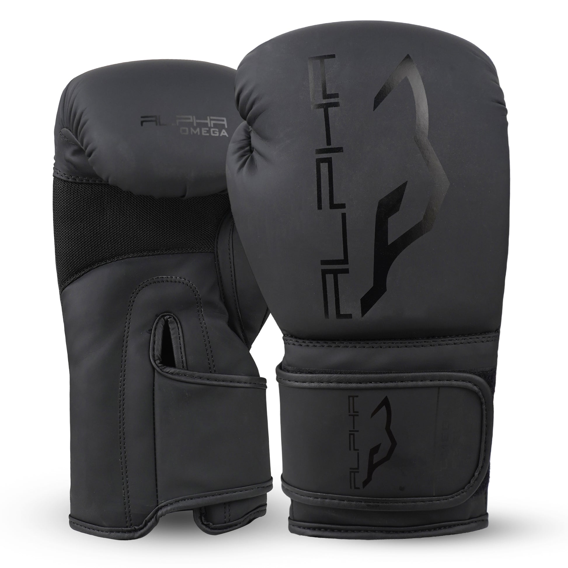 Alpha Omega boxing gloves in black designed for training, heavy bag work, sparring, kickboxing, and combat sports with padded wrist support.
