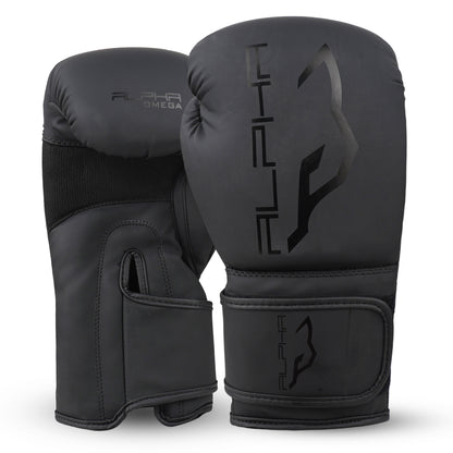 Alpha Omega boxing gloves in black designed for training, heavy bag work, sparring, kickboxing, and combat sports with padded wrist support.