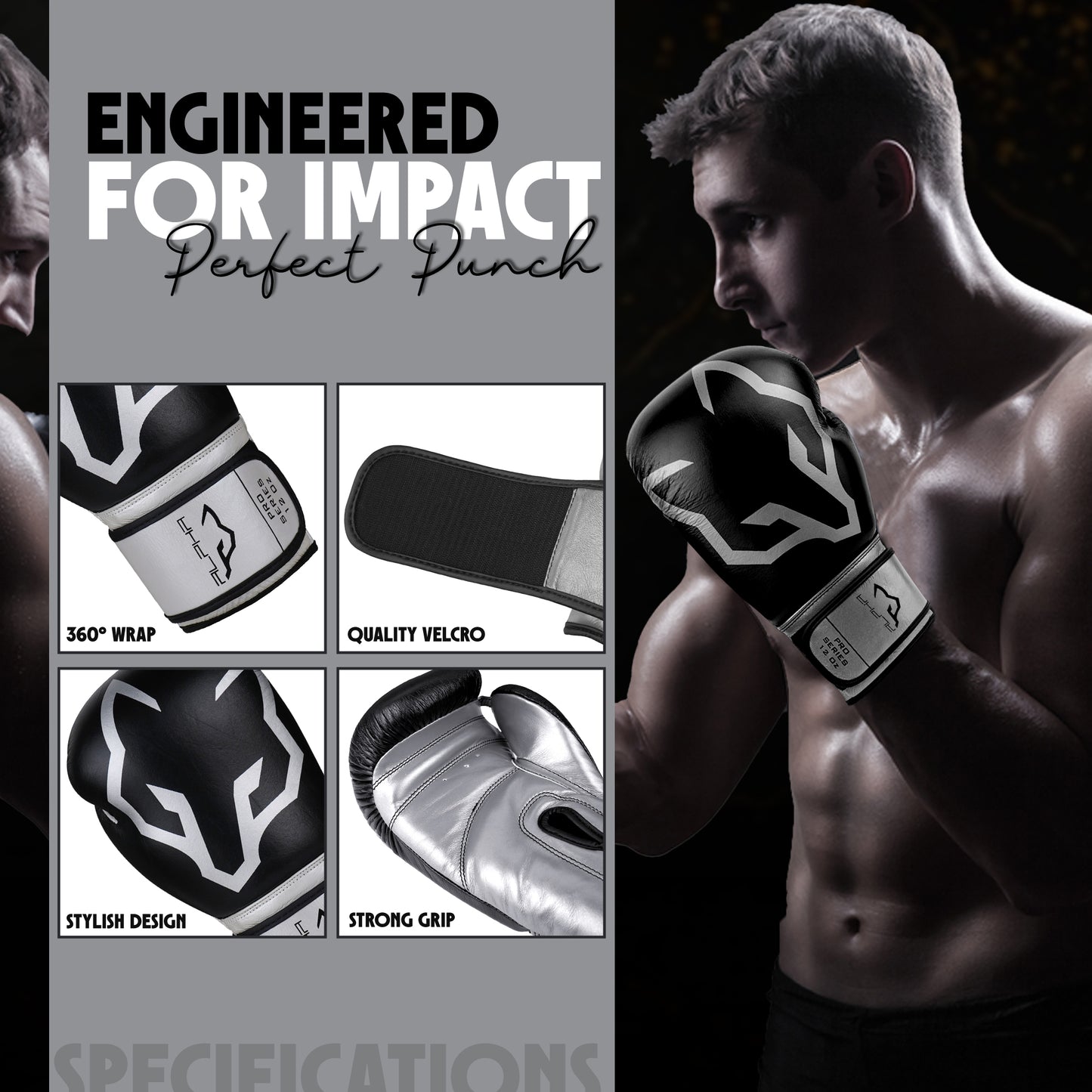 Alpha Pro black and white boxing gloves featuring 360-degree wrist wrap support, durable hook-and-loop Velcro closure, stylish design, and strong grip palm for boxing training, sparring, Muay Thai, kickboxing, and heavy bag workouts.