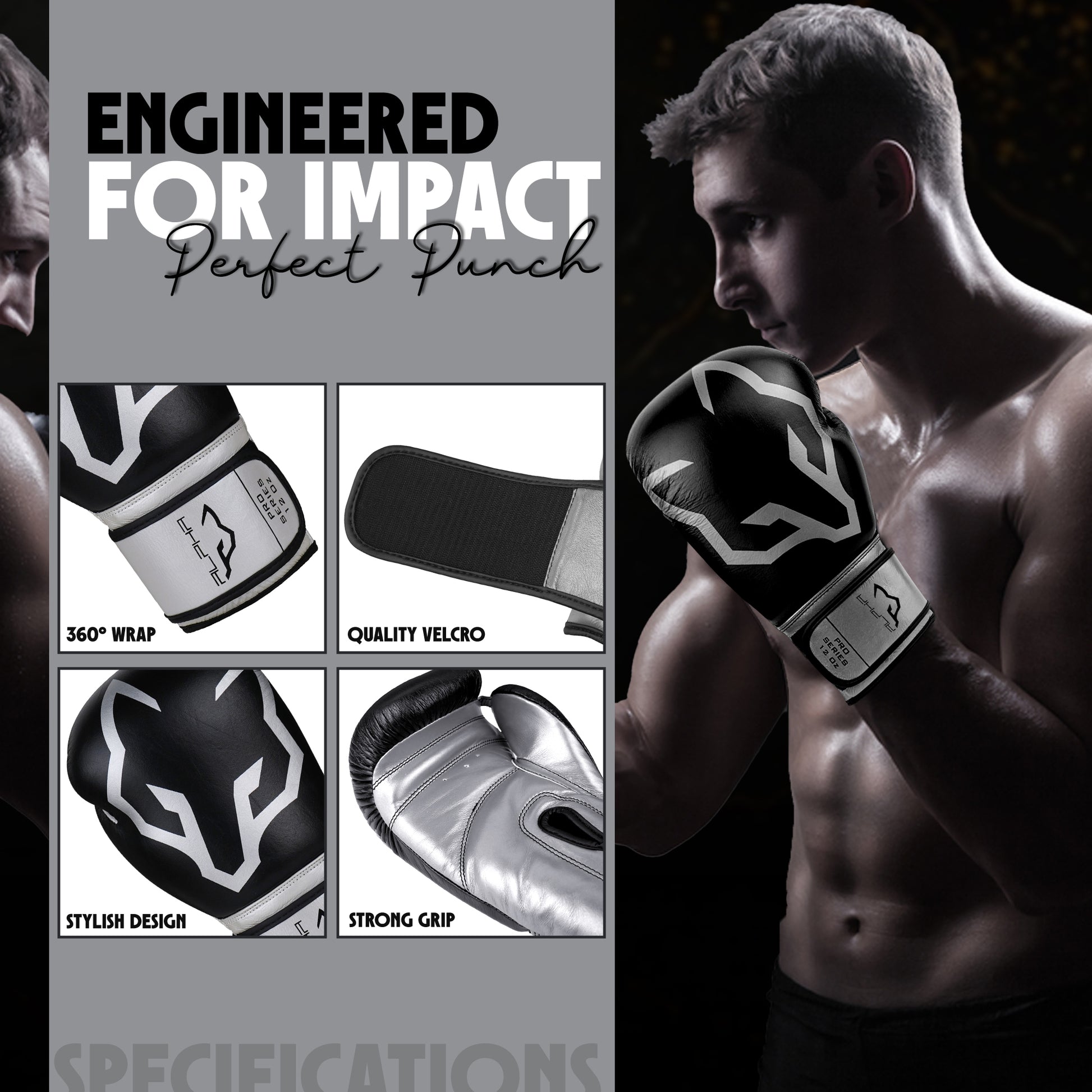 Alpha Pro black and white boxing gloves featuring 360-degree wrist wrap support, durable hook-and-loop Velcro closure, stylish design, and strong grip palm for boxing training, sparring, Muay Thai, kickboxing, and heavy bag workouts.