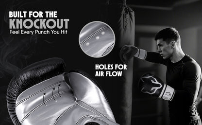 Black and white Alpha Pro boxing gloves featuring airflow ventilation holes to keep hands cool and comfortable during intense boxing, sparring, fitness training, and combat sports workouts.
