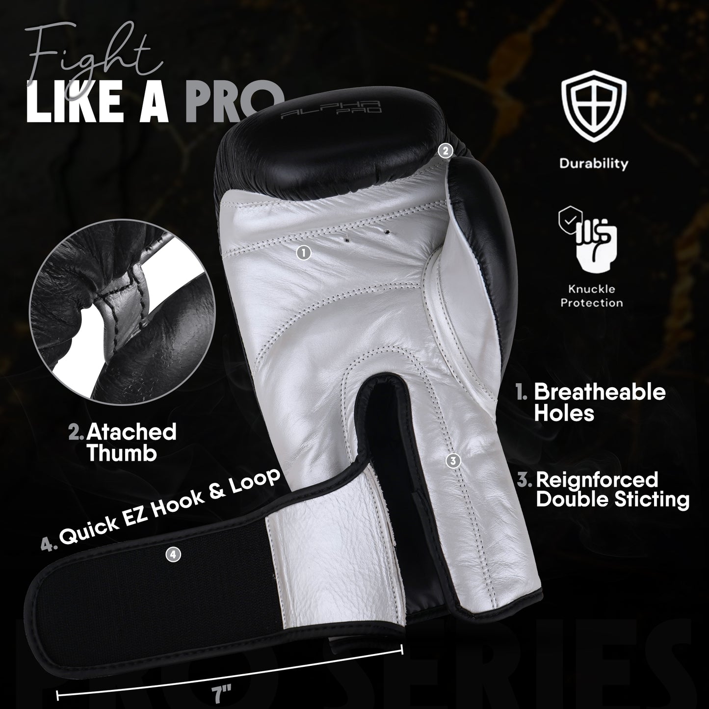 Alpha Pro black and white genuine leather boxing gloves featuring breathable ventilation holes, attached thumb protection, reinforced double stitching, and quick hook-and-loop wrist closure for boxing training, sparring, Muay Thai, and kickboxing.