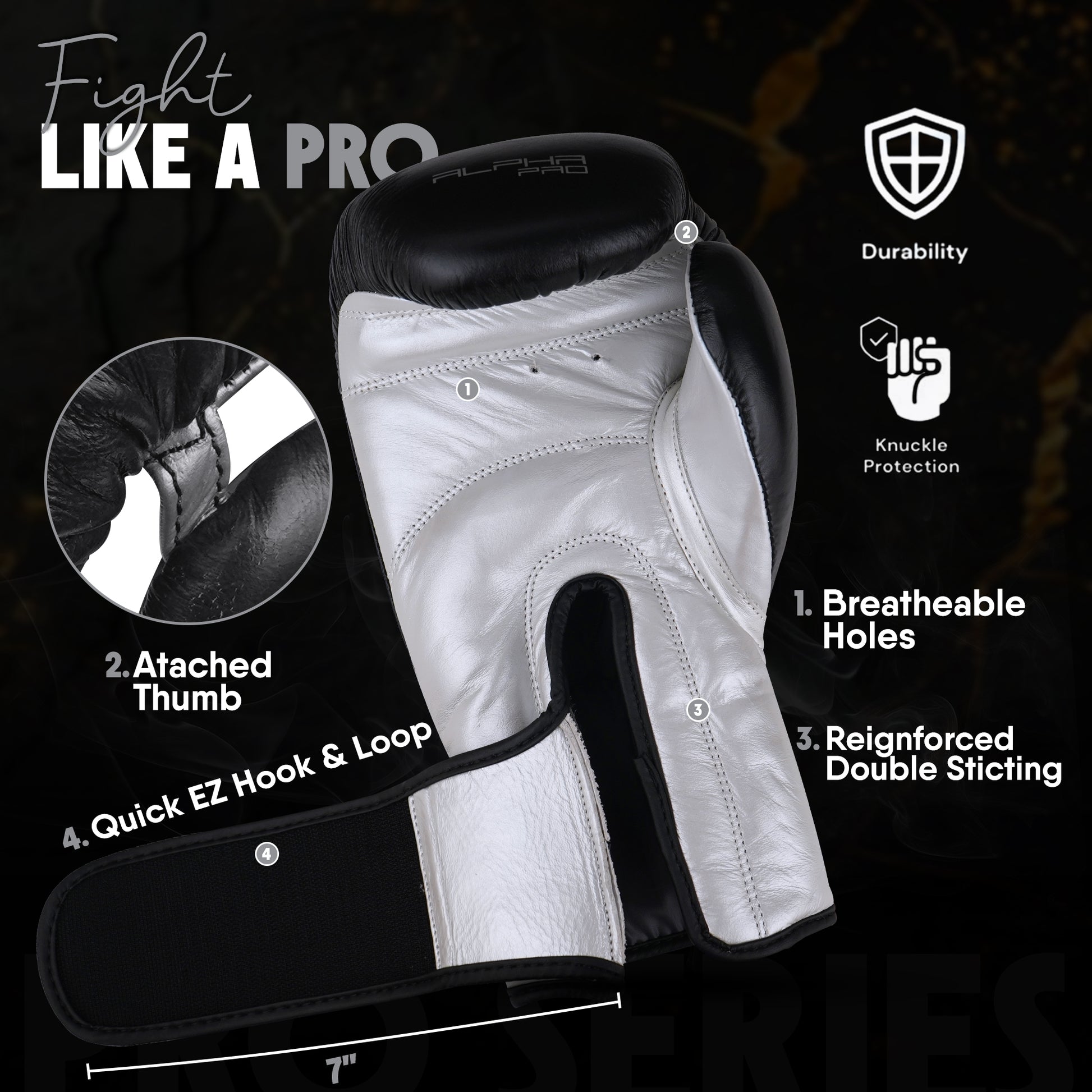 Alpha Pro black and white genuine leather boxing gloves featuring breathable ventilation holes, attached thumb protection, reinforced double stitching, and quick hook-and-loop wrist closure for boxing training, sparring, Muay Thai, and kickboxing.
