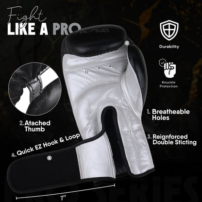 Alpha Pro black and white genuine leather boxing gloves featuring breathable ventilation holes, attached thumb protection, reinforced double stitching, and quick hook-and-loop wrist closure for boxing training, sparring, Muay Thai, and kickboxing.