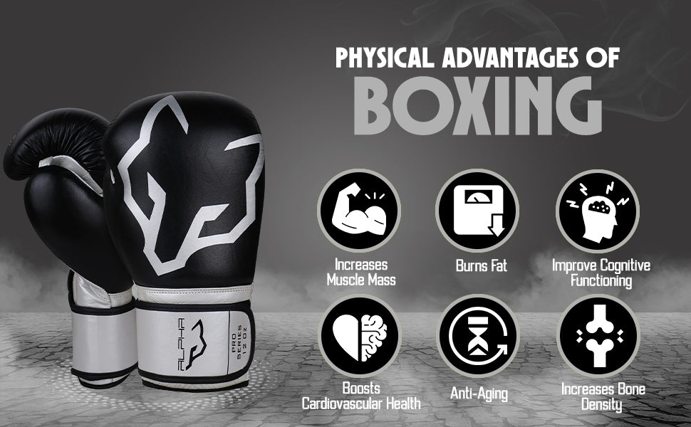 Alpha Pro black and white boxing gloves highlighting the fitness benefits of boxing, including increased muscle mass, fat burning, cardiovascular health, improved cognitive function, anti-aging benefits, and stronger bone density.