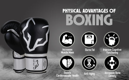 Alpha Pro black and white boxing gloves highlighting the fitness benefits of boxing, including increased muscle mass, fat burning, cardiovascular health, improved cognitive function, anti-aging benefits, and stronger bone density.