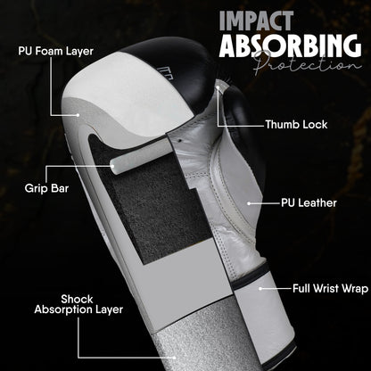 Black and white Alpha Pro boxing gloves featuring multi-layer foam padding, shock absorption technology, thumb lock protection, grip bar support, and secure wrist stabilization for boxing, Muay Thai, and kickboxing training.