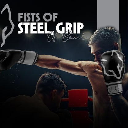 Boxer wearing Alpha Pro black and white boxing gloves during training, showcasing powerful punch performance, secure grip control, wrist support, and premium protection for boxing, sparring, Muay Thai, kickboxing, and heavy bag workouts.