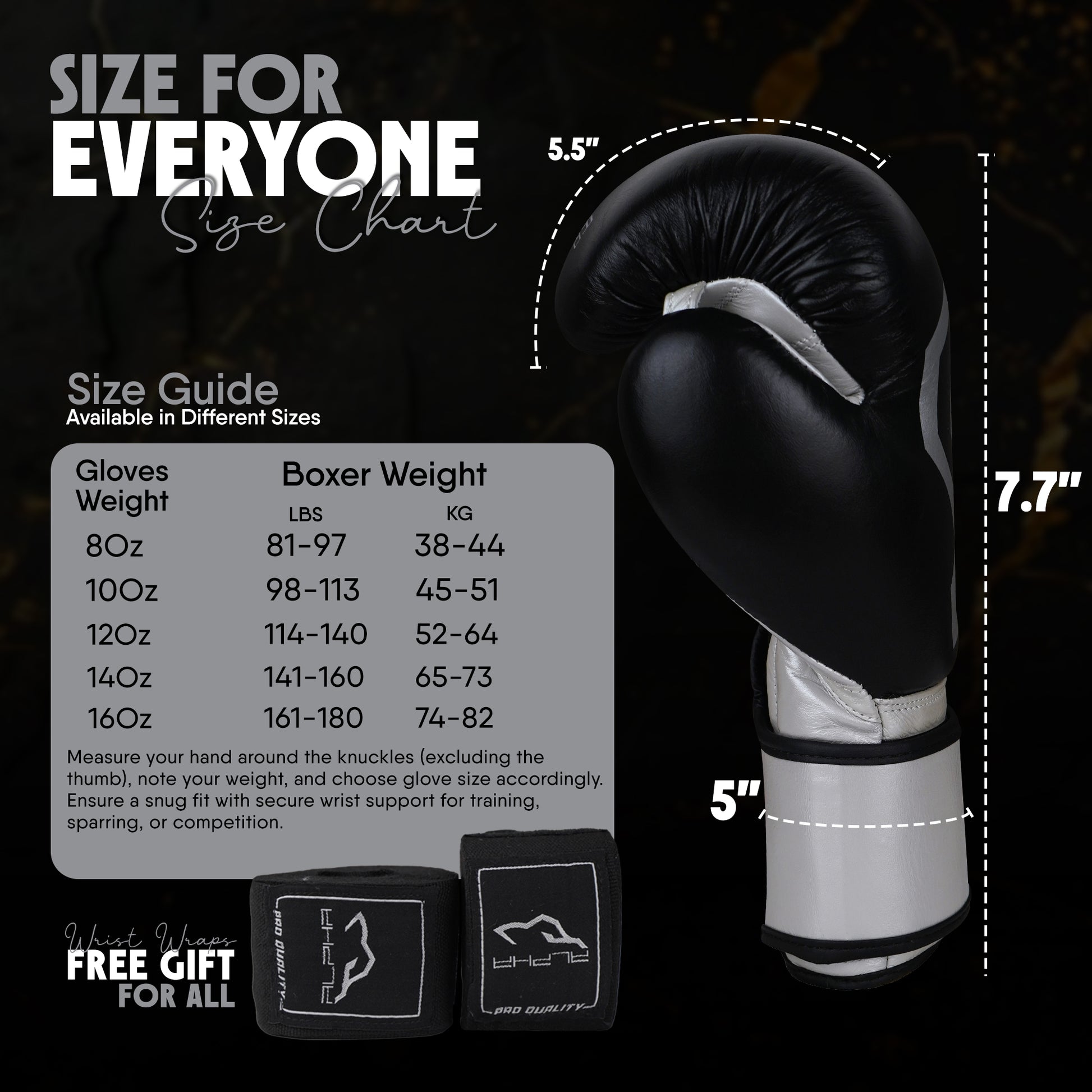 Black and white Alpha Pro boxing gloves sizing guide with glove measurements, boxer weight recommendations, multiple size options from 8oz to 16oz, and free hand wraps included for training and competition.