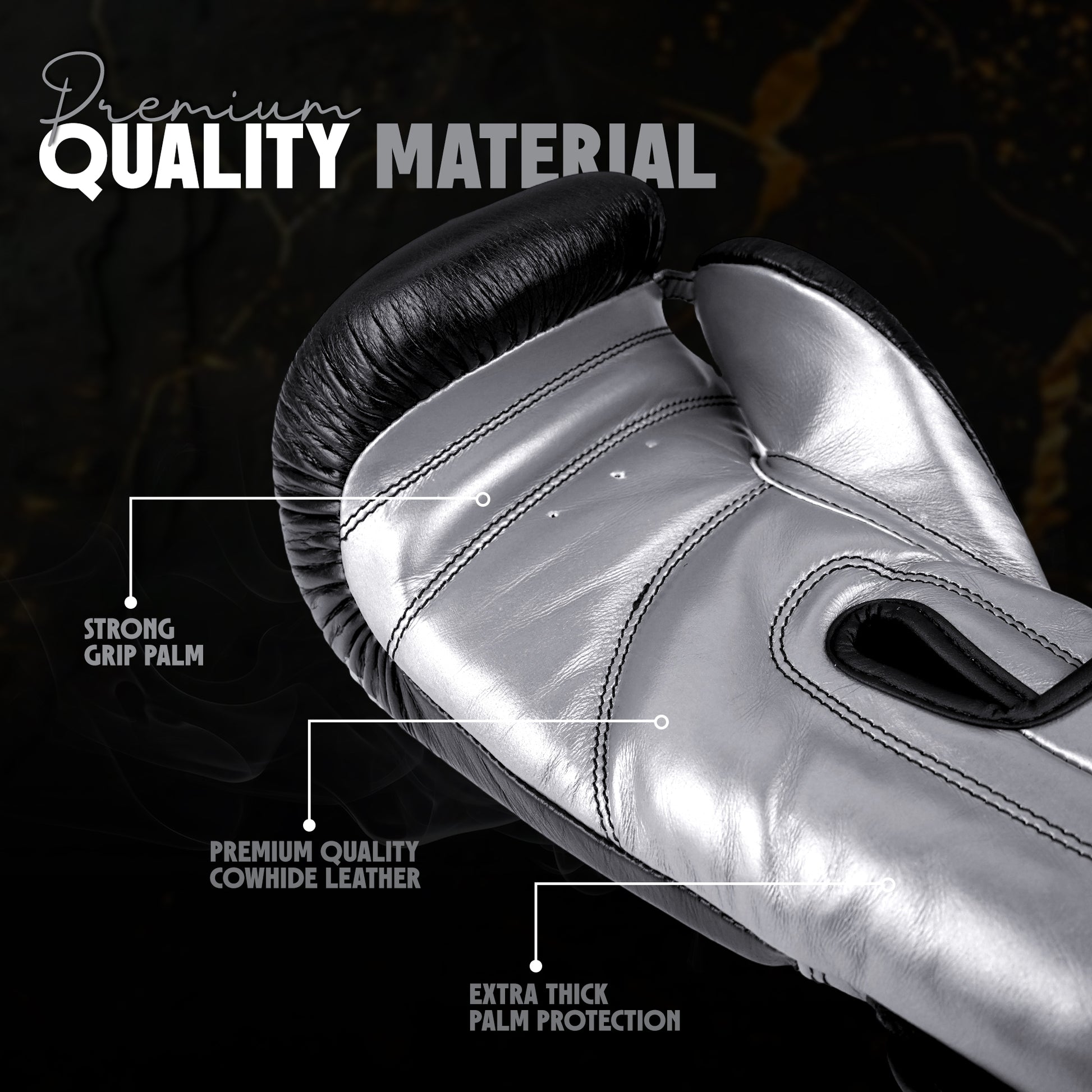 Black and white Alpha Pro boxing gloves with premium cowhide leather, reinforced palm padding, and strong grip design for enhanced comfort, durability, and protection during boxing and combat sports training.