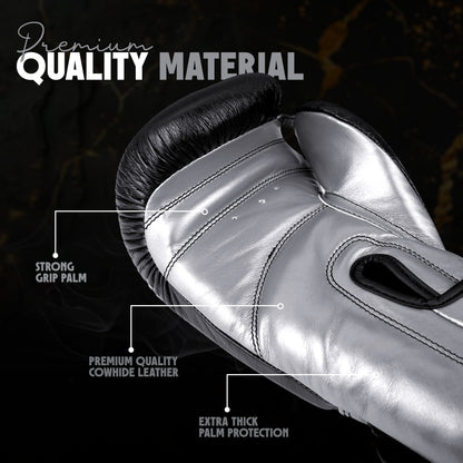 Black and white Alpha Pro boxing gloves with premium cowhide leather, reinforced palm padding, and strong grip design for enhanced comfort, durability, and protection during boxing and combat sports training.