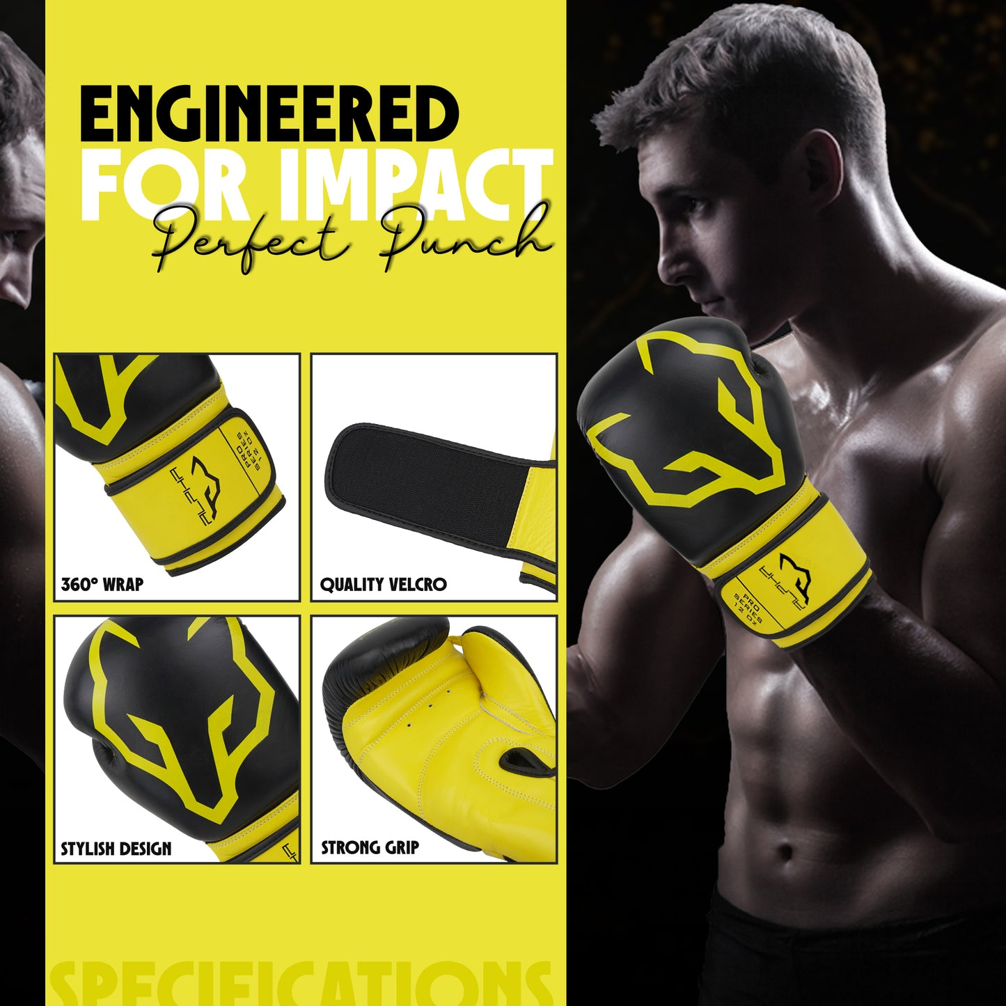 Alpha Pro black and yellow boxing gloves featuring 360-degree wrist wrap support, durable hook-and-loop Velcro closure, stylish design, and strong grip palm for boxing training, sparring, Muay Thai, kickboxing, and heavy bag workouts.