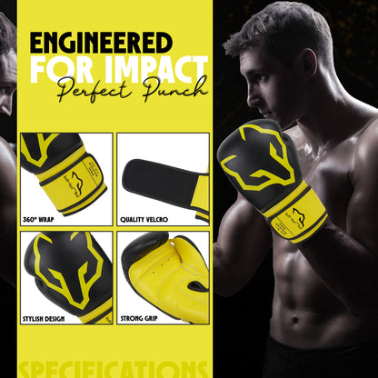 Alpha Pro black and yellow boxing gloves featuring 360-degree wrist wrap support, durable hook-and-loop Velcro closure, stylish design, and strong grip palm for boxing training, sparring, Muay Thai, kickboxing, and heavy bag workouts.