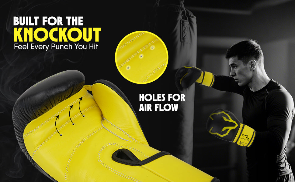 Black and yellow Alpha Pro boxing gloves featuring airflow ventilation holes to keep hands cool and comfortable during intense boxing, sparring, fitness training, and combat sports workouts.