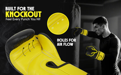 Black and yellow Alpha Pro boxing gloves featuring airflow ventilation holes to keep hands cool and comfortable during intense boxing, sparring, fitness training, and combat sports workouts.