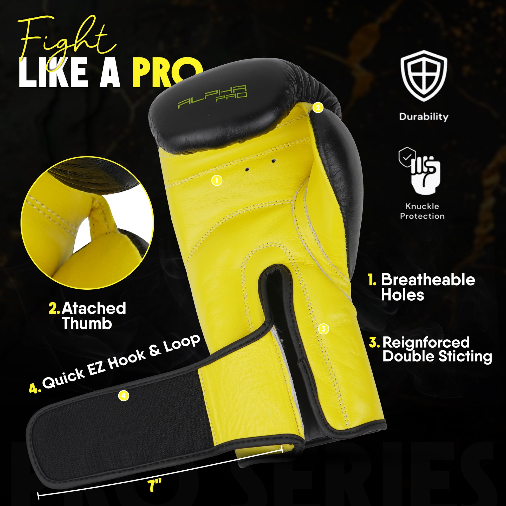 Black and yellow Alpha Pro boxing gloves with breathable airflow holes, attached thumb safety design, durable double stitching, and secure wrist strap closure for boxing training, sparring, and combat sports performance.