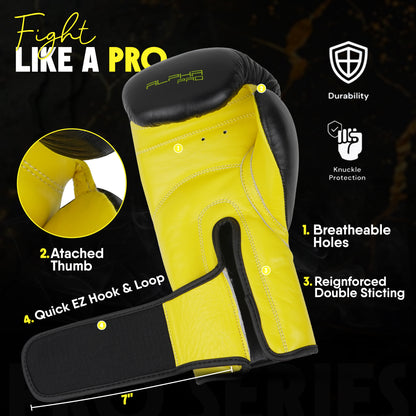 Black and yellow Alpha Pro boxing gloves with breathable airflow holes, attached thumb safety design, durable double stitching, and secure wrist strap closure for boxing training, sparring, and combat sports performance.