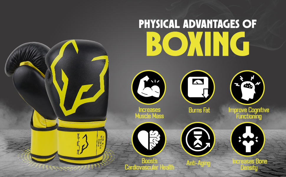 Black and yellow Alpha Pro boxing gloves promoting the health and fitness benefits of boxing, including strength building, calorie burning, heart health, mental focus, healthy aging, and bone strength.