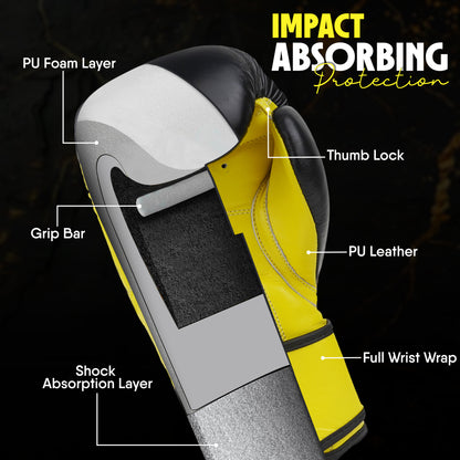 Black and yellow Alpha Pro boxing gloves featuring multi-layer foam padding, shock absorption technology, thumb lock protection, grip bar support, and secure wrist stabilization for boxing, Muay Thai, kickboxing, and heavy bag training.