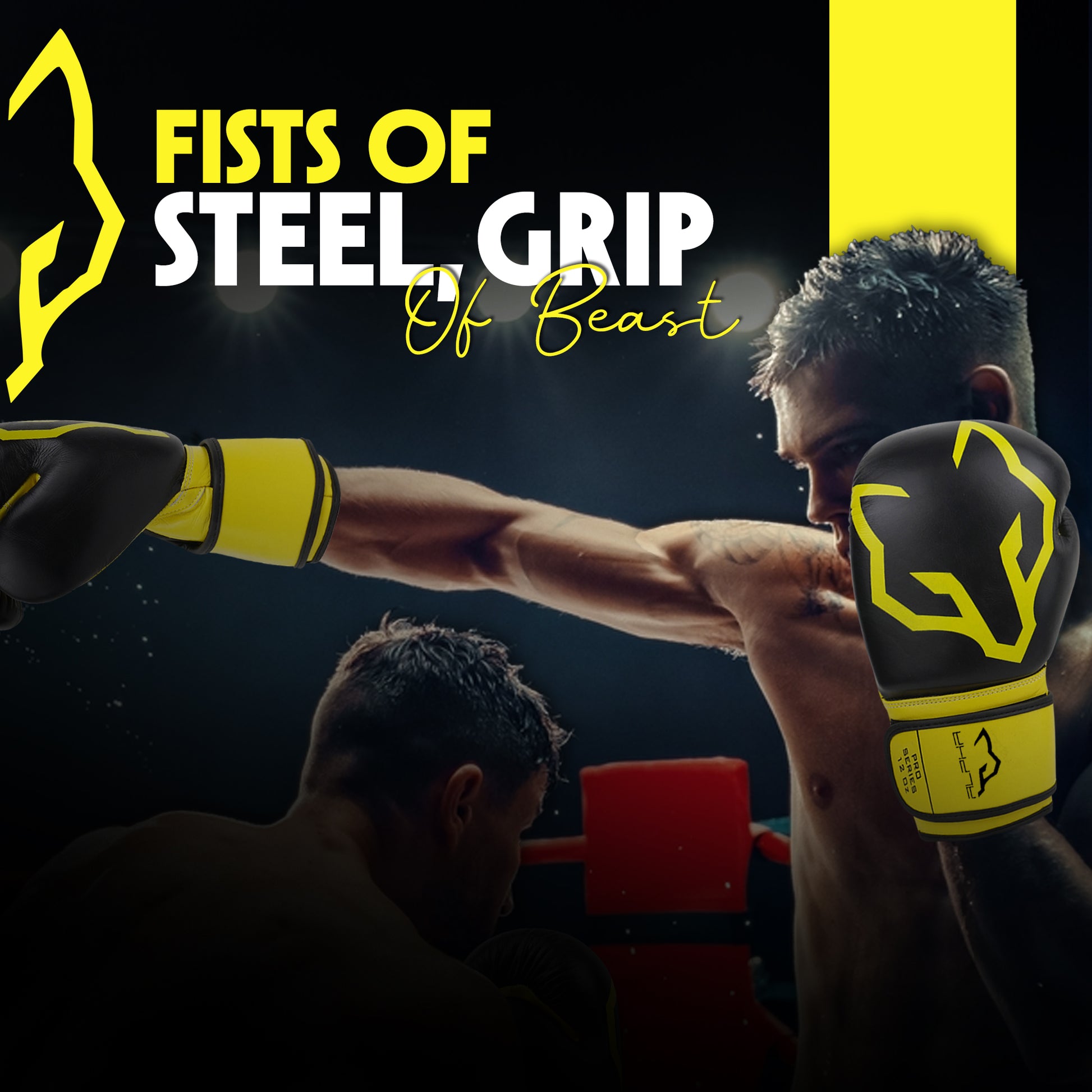 Boxer wearing Alpha Pro black and yellow boxing gloves during training, showcasing powerful punch performance, secure grip control, wrist support, and premium protection for boxing, sparring, Muay Thai, kickboxing, and heavy bag workouts.