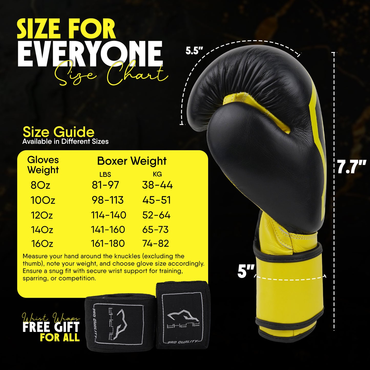 Black and yellow Alpha Pro boxing gloves sizing guide with glove measurements, boxer weight recommendations, multiple size options from 8oz to 16oz, and free hand wraps included for boxing training, sparring, and competition.