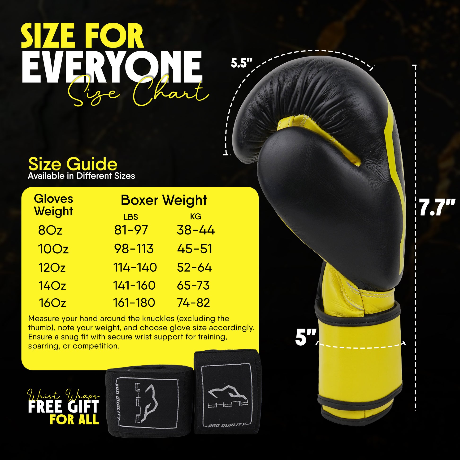 Black and yellow Alpha Pro boxing gloves sizing guide with glove measurements, boxer weight recommendations, multiple size options from 8oz to 16oz, and free hand wraps included for boxing training, sparring, and competition.