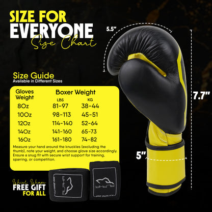 Black and yellow Alpha Pro boxing gloves sizing guide with glove measurements, boxer weight recommendations, multiple size options from 8oz to 16oz, and free hand wraps included for boxing training, sparring, and competition.