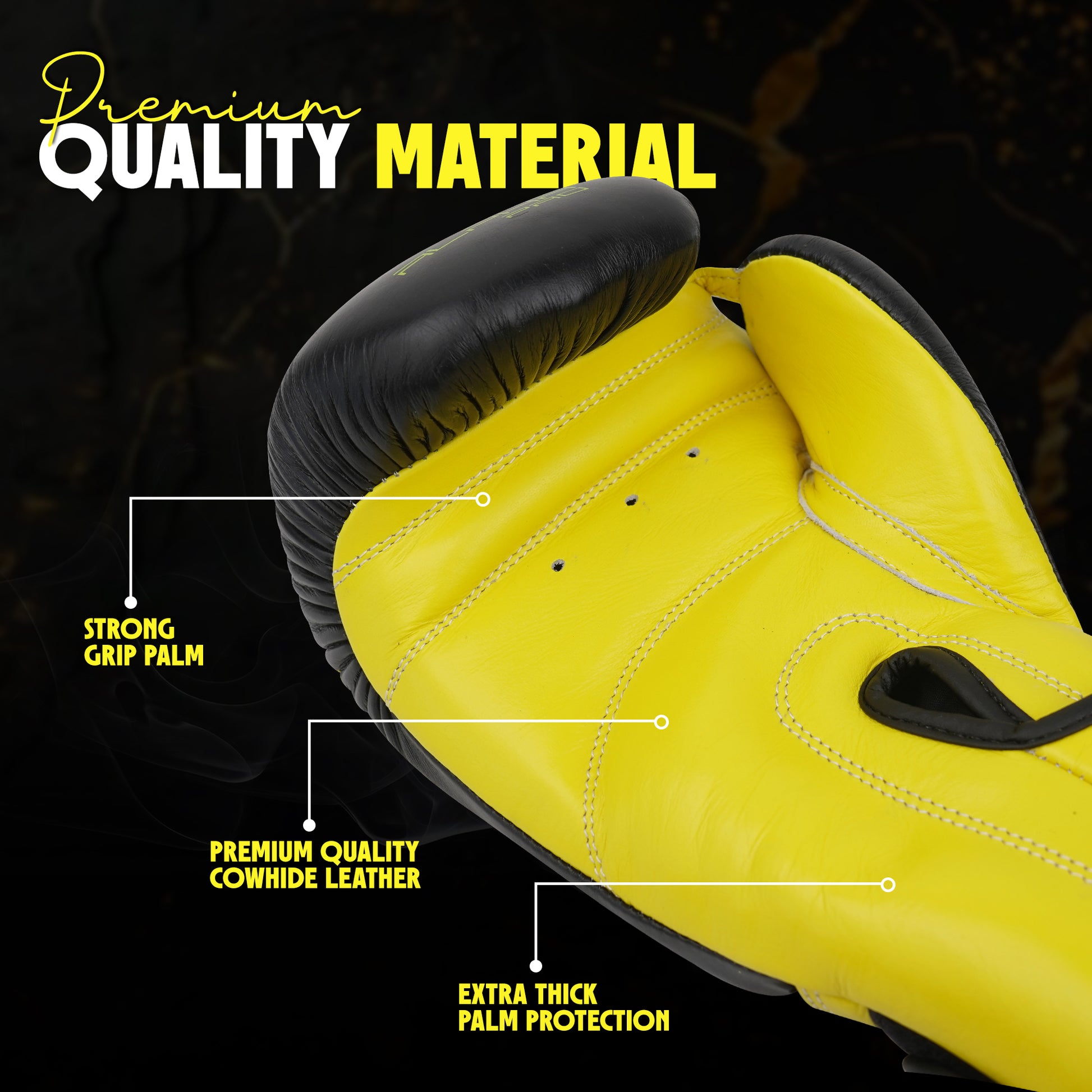 Black and yellow Alpha Pro boxing gloves with premium cowhide leather, reinforced palm padding, and strong grip design for enhanced comfort, durability, and protection during boxing and combat sports training.