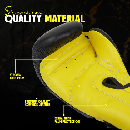 Black and yellow Alpha Pro boxing gloves with premium cowhide leather, reinforced palm padding, and strong grip design for enhanced comfort, durability, and protection during boxing and combat sports training.