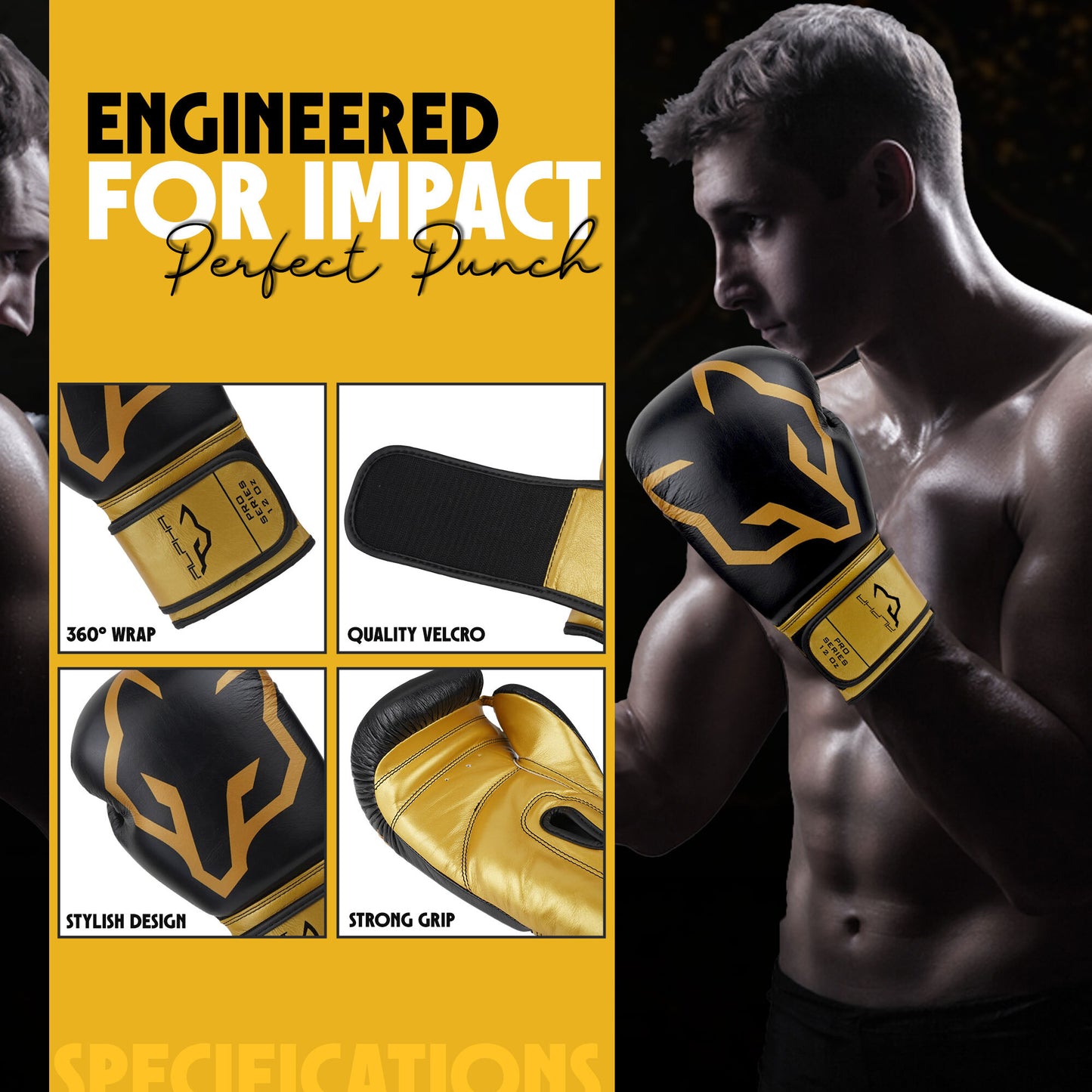 Alpha Pro boxing gloves featuring 360-degree wrist wrap support, durable hook-and-loop Velcro closure, stylish black and gold design, and strong grip palm for boxing training, sparring, Muay Thai, and kickboxing.