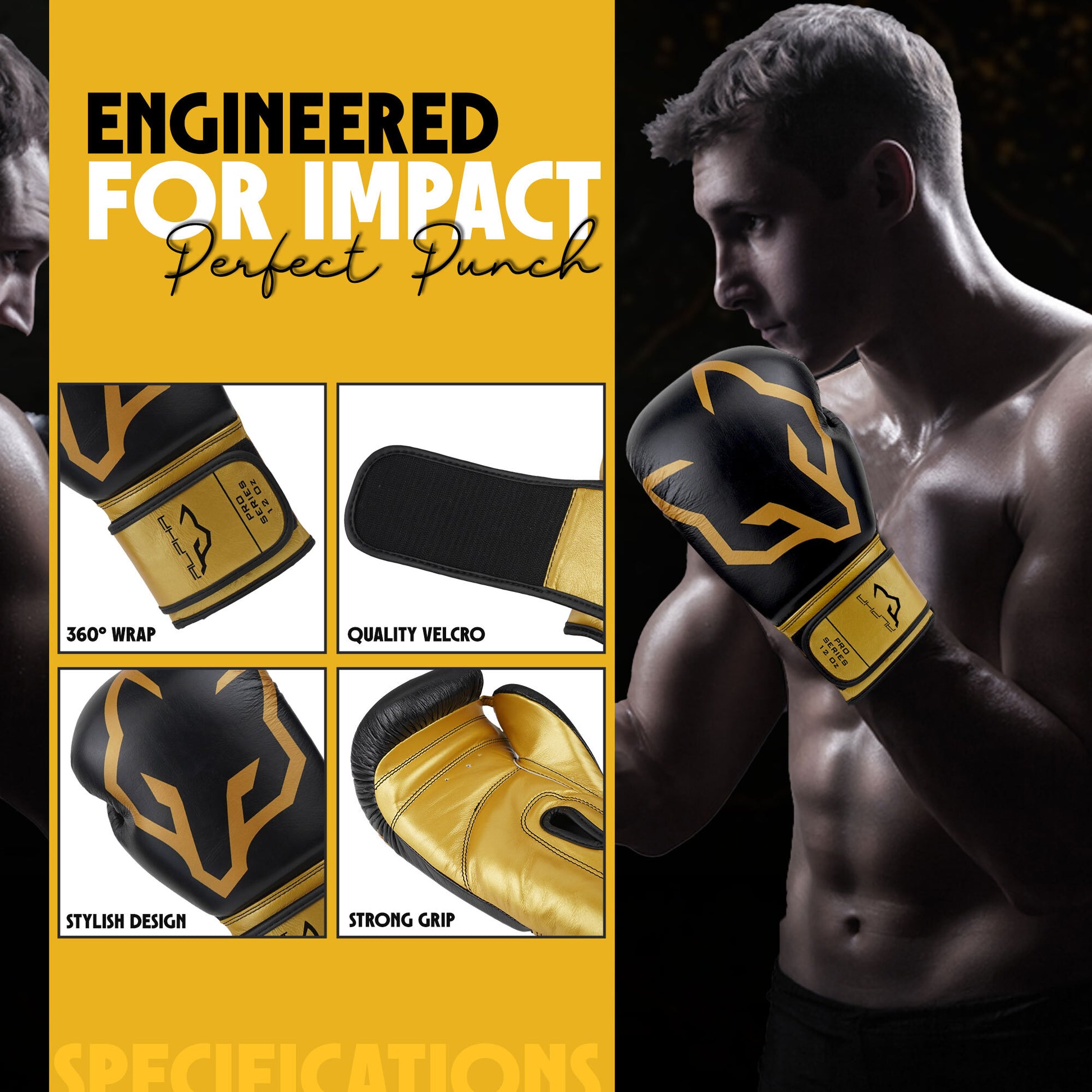 Alpha Pro boxing gloves featuring 360-degree wrist wrap support, durable hook-and-loop Velcro closure, stylish black and gold design, and strong grip palm for boxing training, sparring, Muay Thai, and kickboxing.