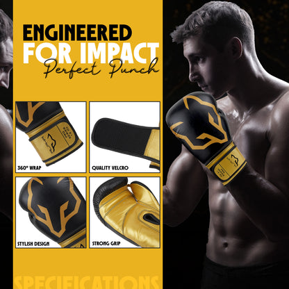 Alpha Pro boxing gloves featuring 360-degree wrist wrap support, durable hook-and-loop Velcro closure, stylish black and gold design, and strong grip palm for boxing training, sparring, Muay Thai, and kickboxing.