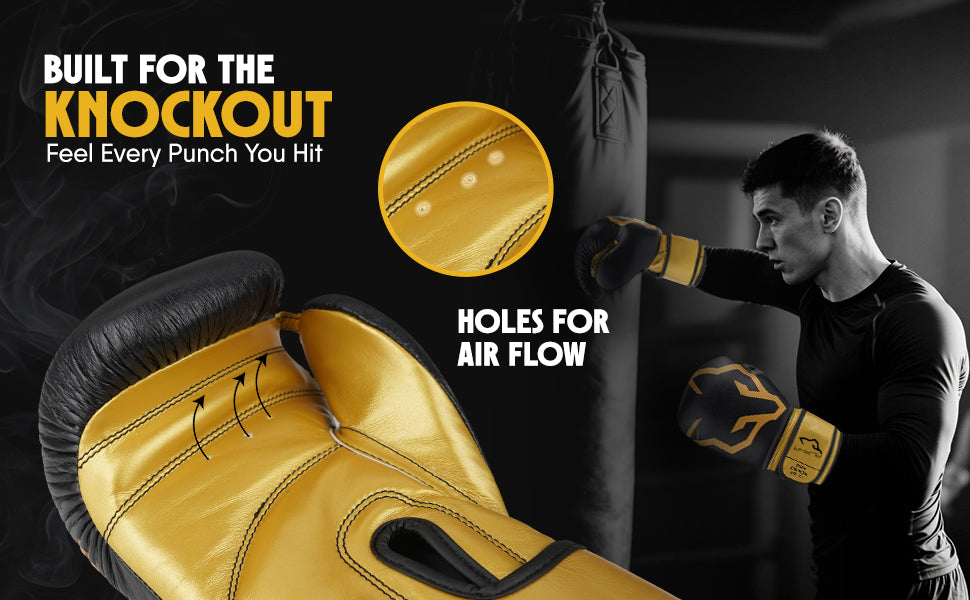Alpha Pro boxing gloves with breathable ventilation holes for enhanced airflow and comfort during boxing training, sparring, heavy bag workouts, Muay Thai, and kickboxing sessions.