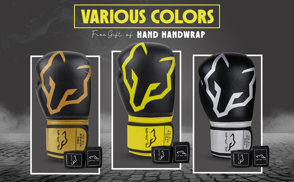 Alpha Pro boxing gloves in multiple color variations with complimentary hand wraps, featuring premium leather construction, secure wrist support, and impact protection for boxing, sparring, and combat sports training.