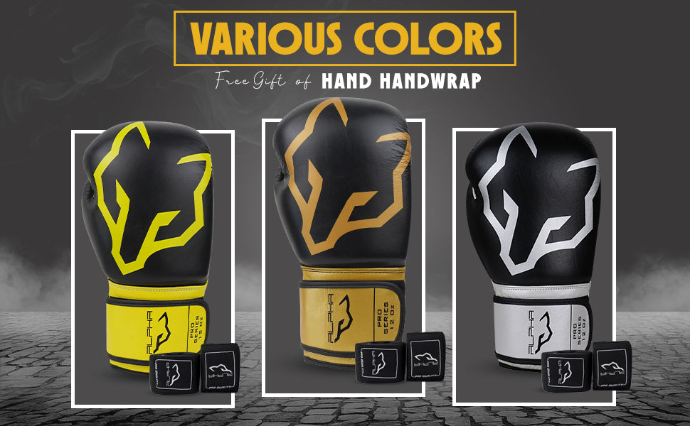 Alpha Pro genuine leather boxing gloves in multiple color options with free hand wraps, available for boxing, sparring, kickboxing, Muay Thai training, and heavy bag workouts.