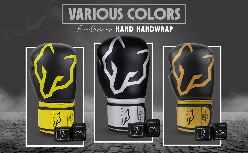 Alpha Pro boxing gloves in multiple color variations with complimentary hand wraps, featuring premium leather construction, wrist support, and protective padding for boxing and combat sports training.