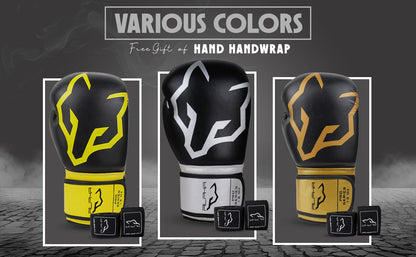 Alpha Pro boxing gloves in multiple color variations with complimentary hand wraps, featuring premium leather construction, wrist support, and protective padding for boxing and combat sports training.