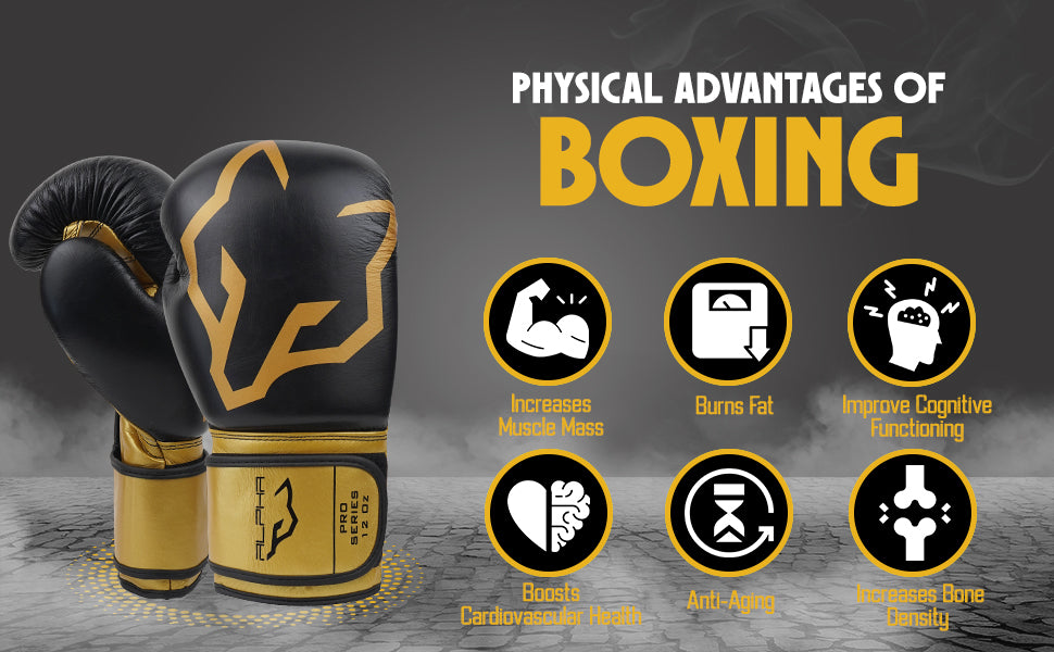 Alpha Pro black and gold boxing gloves highlighting the fitness benefits of boxing, including increased muscle mass, fat burning, cardiovascular health, improved cognitive function, anti-aging benefits, and stronger bone density.