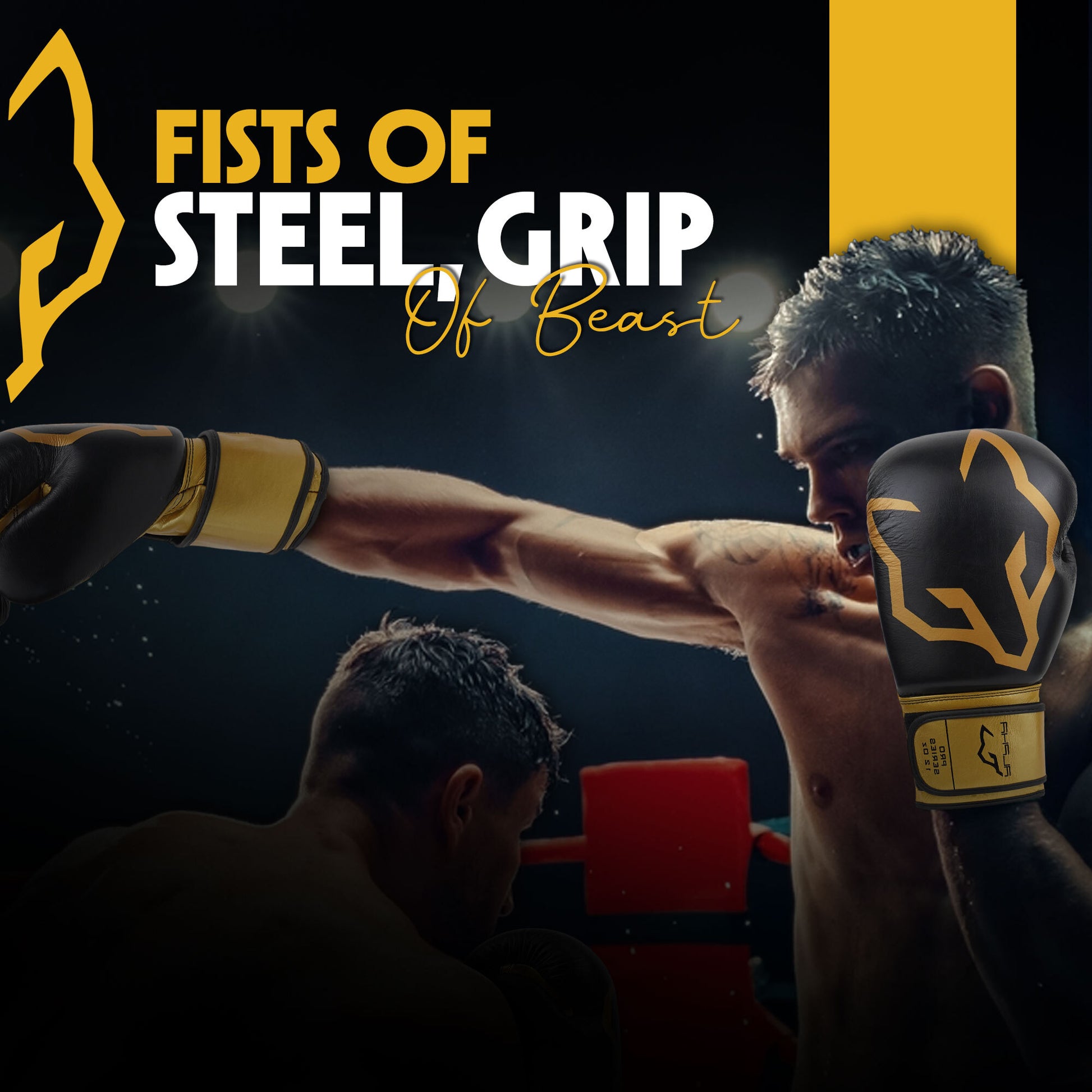 Boxer wearing Alpha Pro black and gold boxing gloves during training, showcasing powerful punch performance, secure grip control, wrist support, and premium protection for boxing, sparring, Muay Thai, and kickboxing.