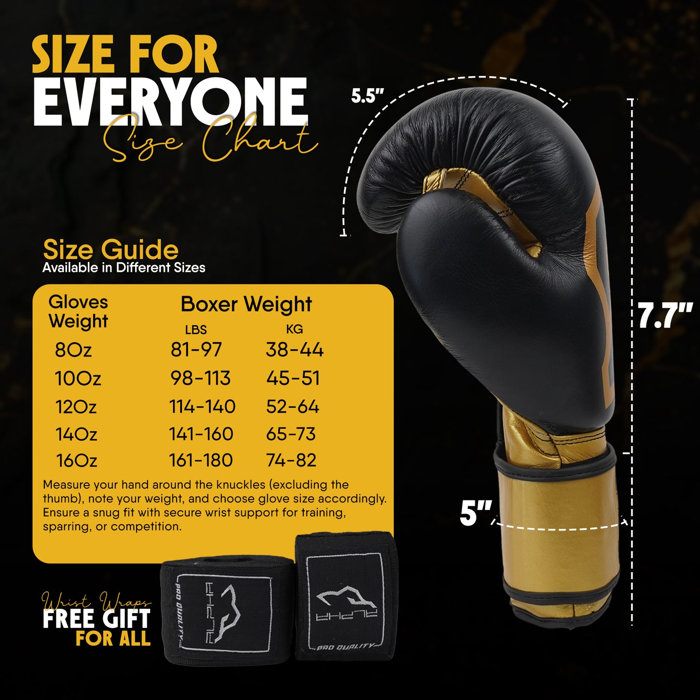 Alpha Pro boxing gloves size chart showing 8oz, 10oz, 12oz, 14oz, and 16oz glove options with recommended boxer weight ranges, glove dimensions, and complimentary wrist wraps for boxing training and sparring.