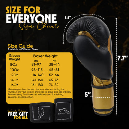 Alpha Pro boxing gloves size chart showing 8oz, 10oz, 12oz, 14oz, and 16oz glove options with recommended boxer weight ranges, glove dimensions, and complimentary wrist wraps for boxing training and sparring.