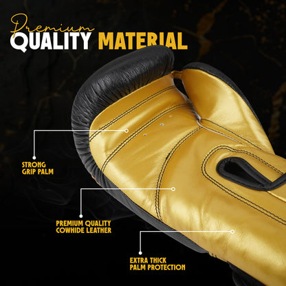 Alpha Pro genuine cowhide leather boxing gloves featuring a strong grip palm, extra thick palm protection, and premium leather construction for boxing training, sparring, Muay Thai, and kickboxing.