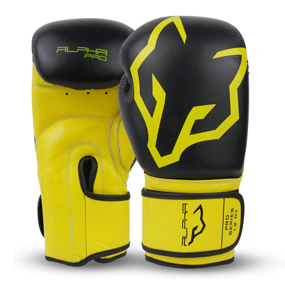 Alpha Pro genuine leather boxing gloves in black and yellow with premium padding, breathable ventilation holes, attached thumb protection, and secure wrist support for boxing training, sparring, Muay Thai, kickboxing, and heavy bag workouts.