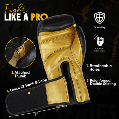 Alpha Pro genuine leather boxing gloves feature breathable ventilation holes, attached thumb design, reinforced double stitching, and quick hook-and-loop wrist closure for secure boxing training and sparring.