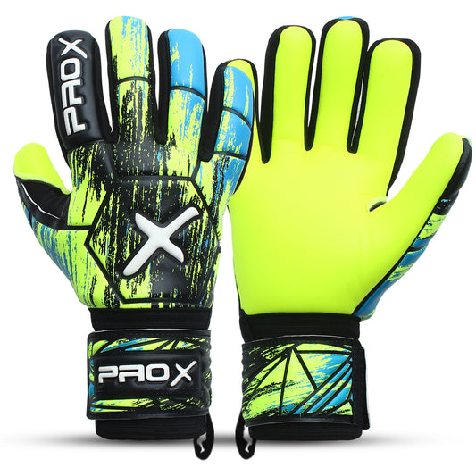 Champion Series youth soccer goalie gloves in fluorescent yellow featuring professional latex palm grip, negative cut fit, and adjustable wrist support.