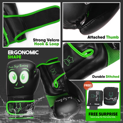 Feature overview of Fun Size Boxing youth boxing gloves showing secure Velcro strap, attached thumb design, reinforced stitching, ergonomic fit, and free hand wraps included.