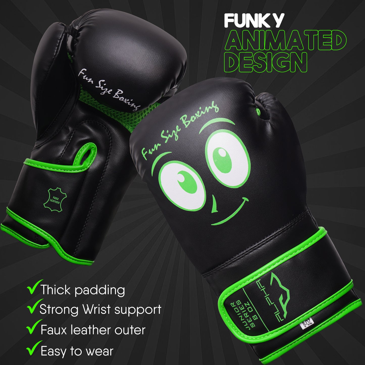 Black and green Fun Size Boxing youth boxing gloves with cartoon face design, reinforced wrist support, durable faux leather outer, and padded protection for kids training.