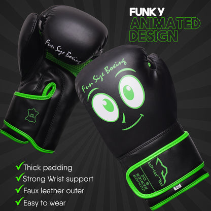 Black and green Fun Size Boxing youth boxing gloves with cartoon face design, reinforced wrist support, durable faux leather outer, and padded protection for kids training.